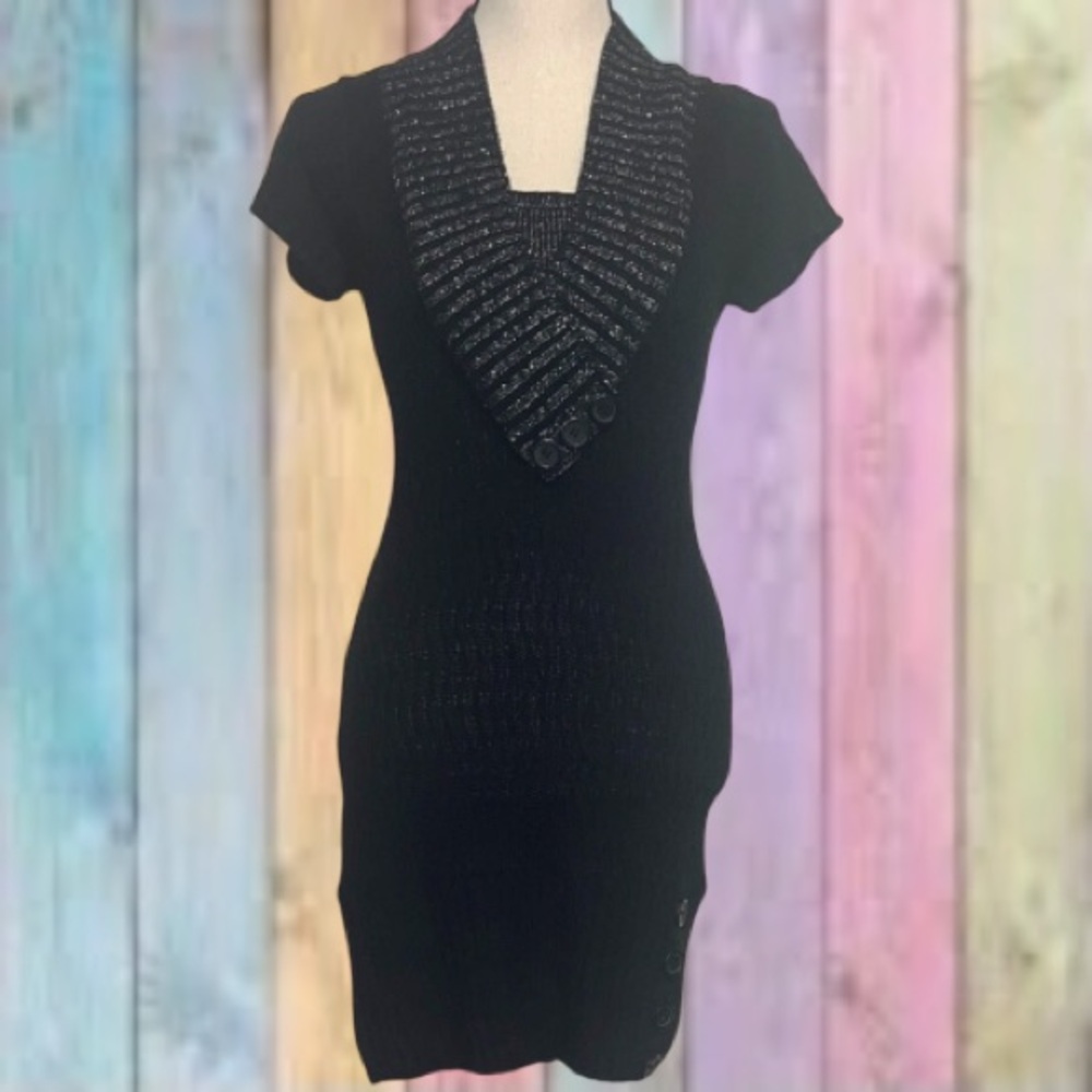 Red Paint Black Silver Metallic Trim Knit Sweater Dress NWOT